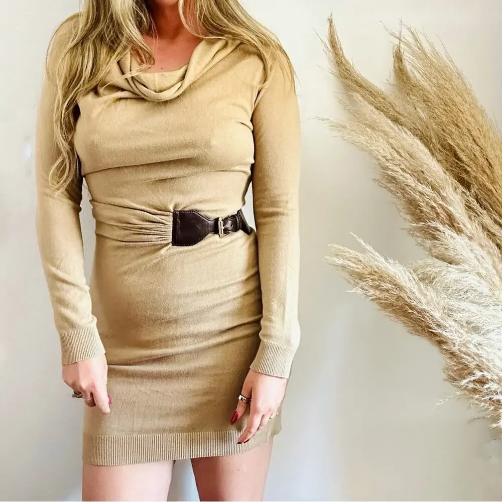 MK MICHAEL KORS Cream Tan Brown Leather Buckle Belt Cowl Neck Sweater Dress S